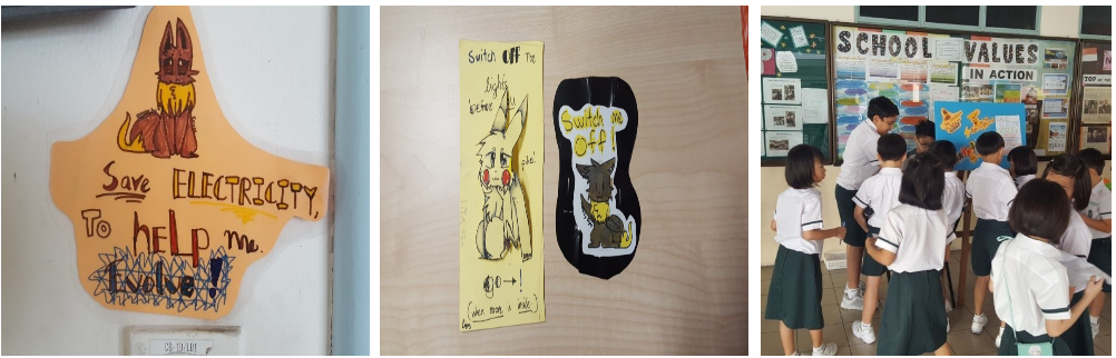 The group that worked on "Saving Electricity" rode on the popularity Pokemon and created posters to be put outside the school's toilet to remind their schoolmates to save electricity.